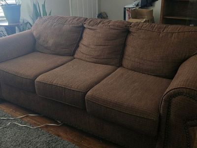 OBO-Brown Upholstered Sofa Couch with Rolled Arms and Nailhead Trim - 3 Seater