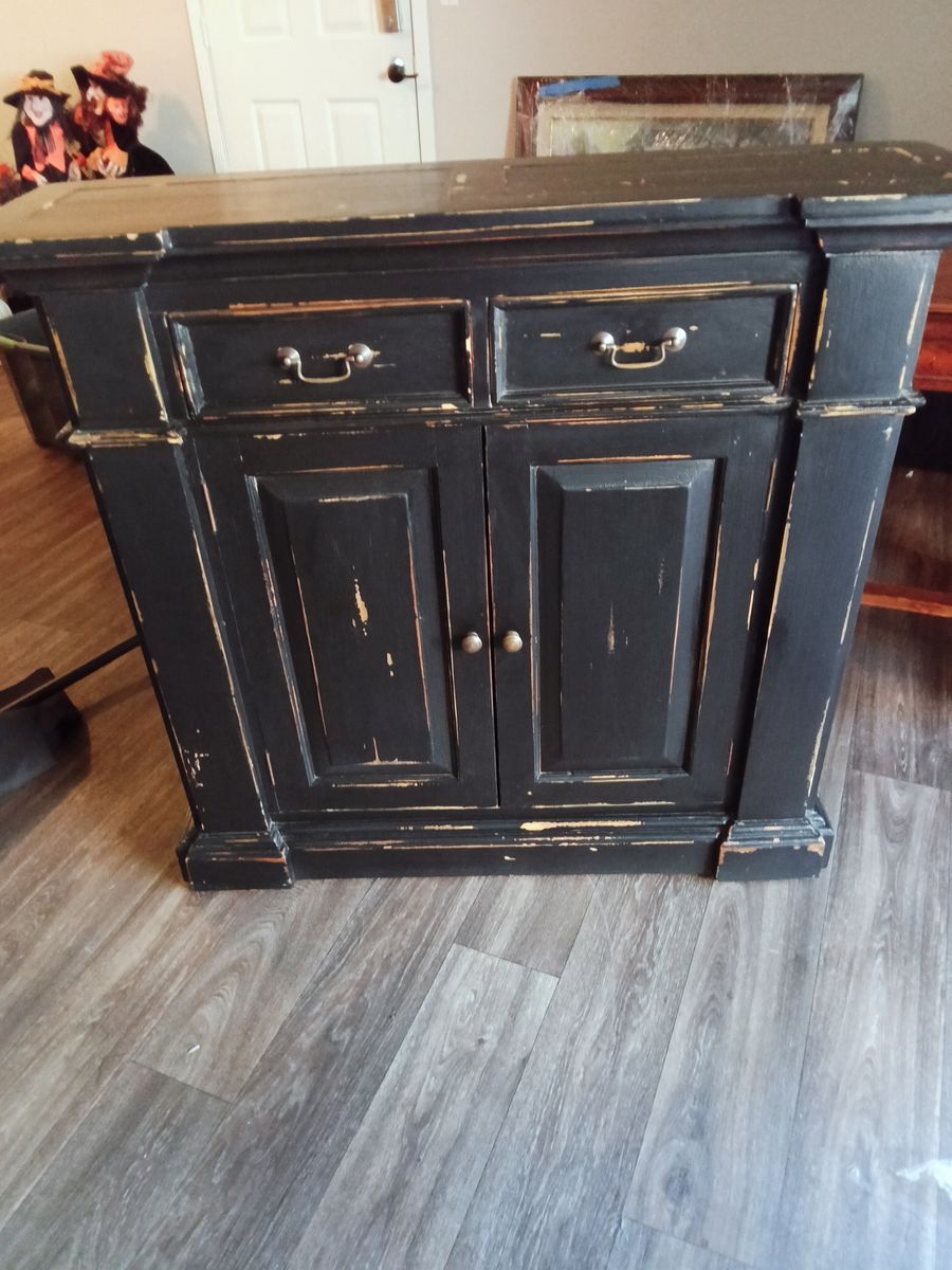 Distressed Black Wooden Cabinet with Two Drawers and Doors