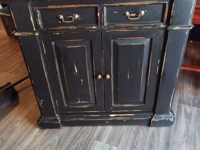 Distressed Black Wooden Cabinet with Two Drawers and Doors
