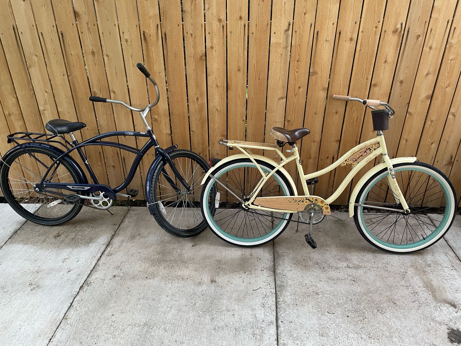 Pair of Retro Cruiser Bikes - Men's Blue Delmar & Women's Cream Panama Jack, 26" Wheels, Basket & Rack