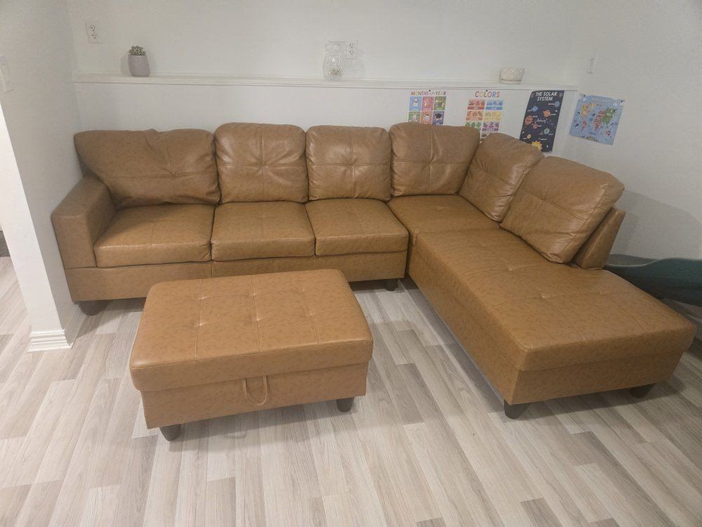 3-Piece L-Shaped Faux Leather Sectional Sofa + Storage Ottoman (Ginger/Camel) – Great Condition!
