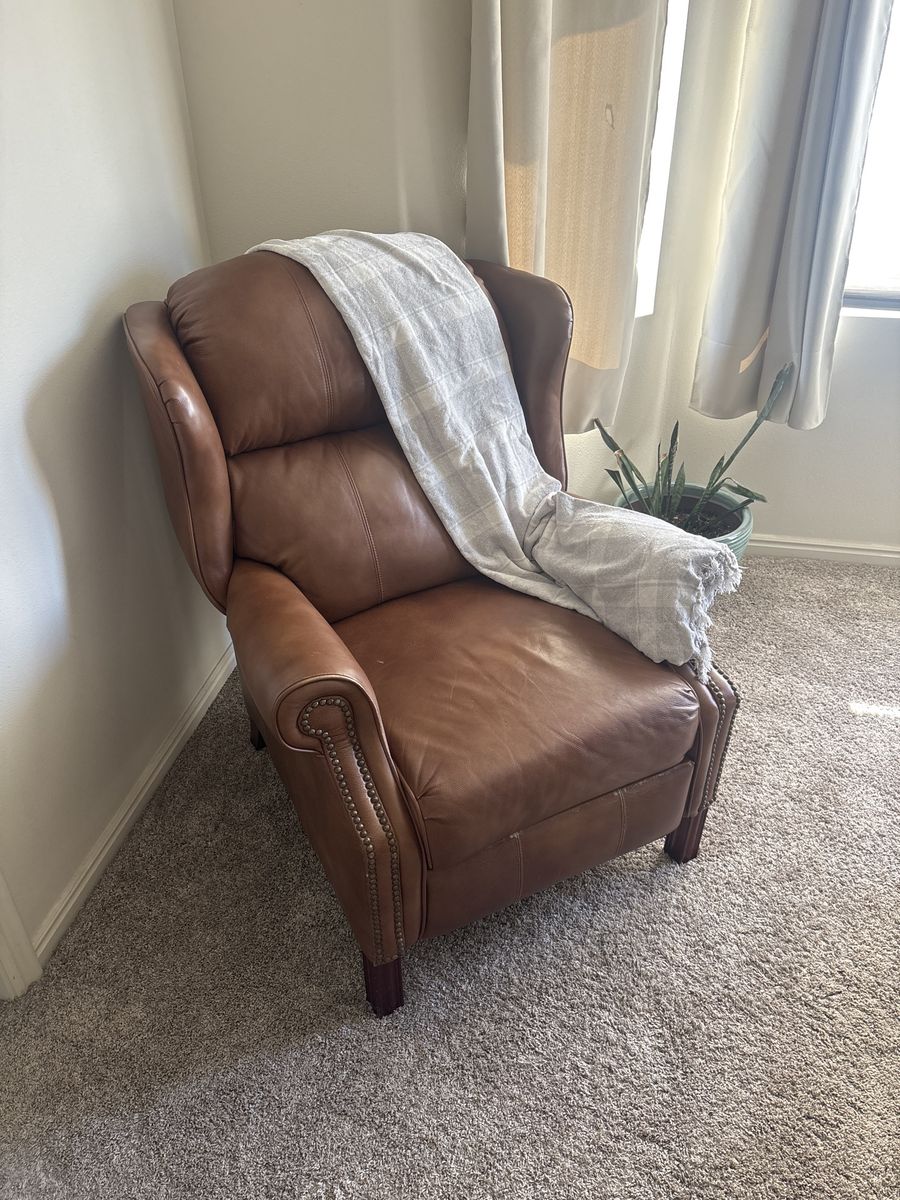 Brown Leather Recliner Armchair with Nailhead Trim