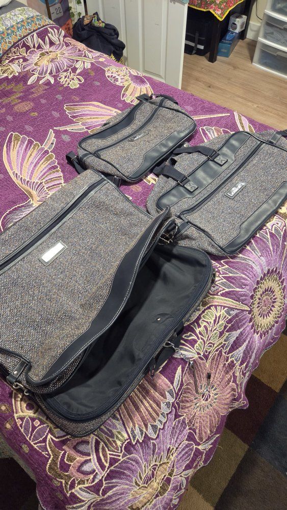 Vintage Jordache Tweed Luggage Set Duffel Garment Travel Bags Navy Trim
