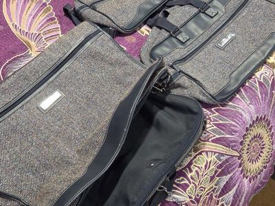 Vintage Jordache Tweed Luggage Set Duffel Garment Travel Bags Navy Trim