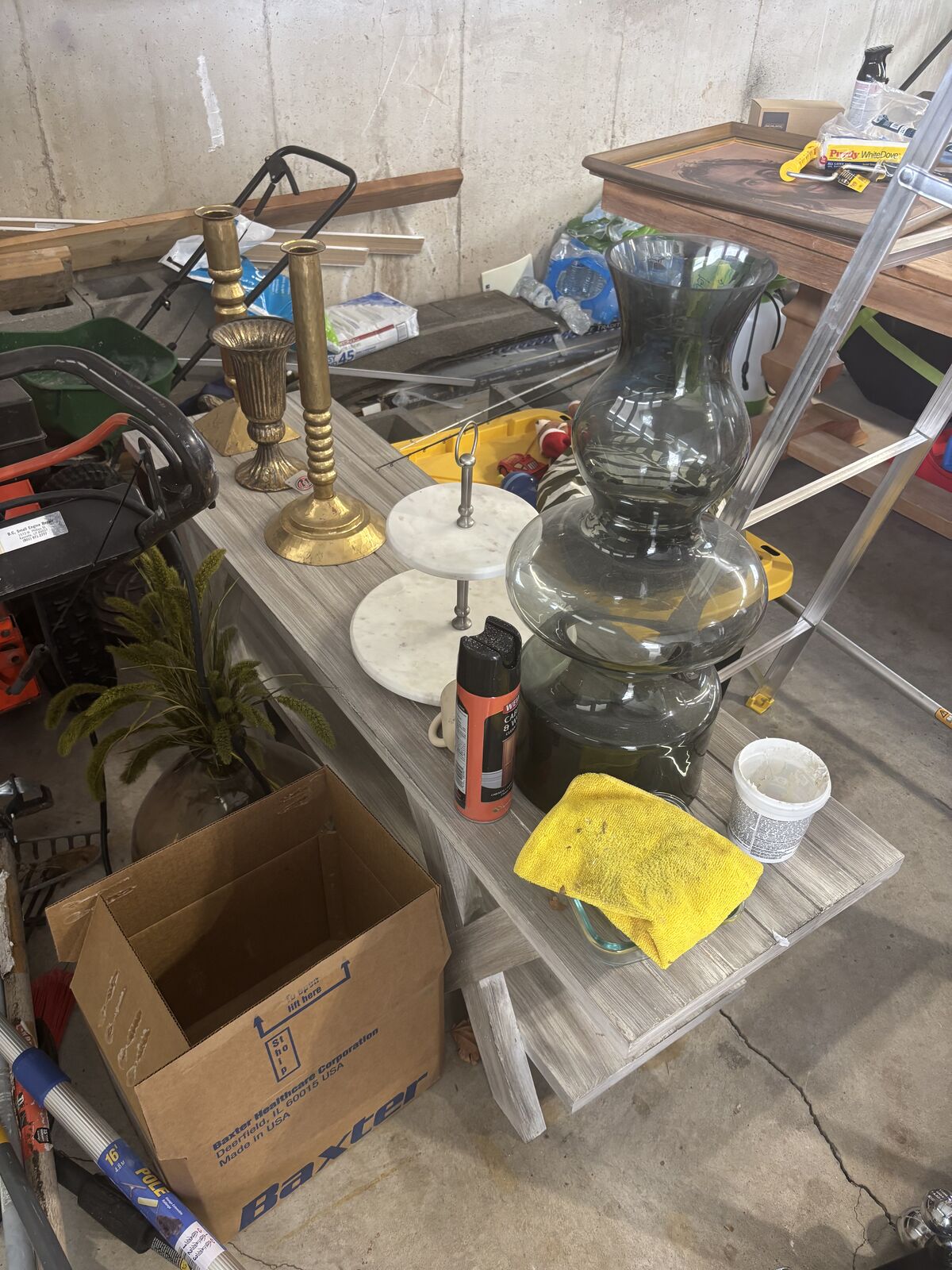 Two candle holders, two vases, 1 decorative case, cake stand, bench