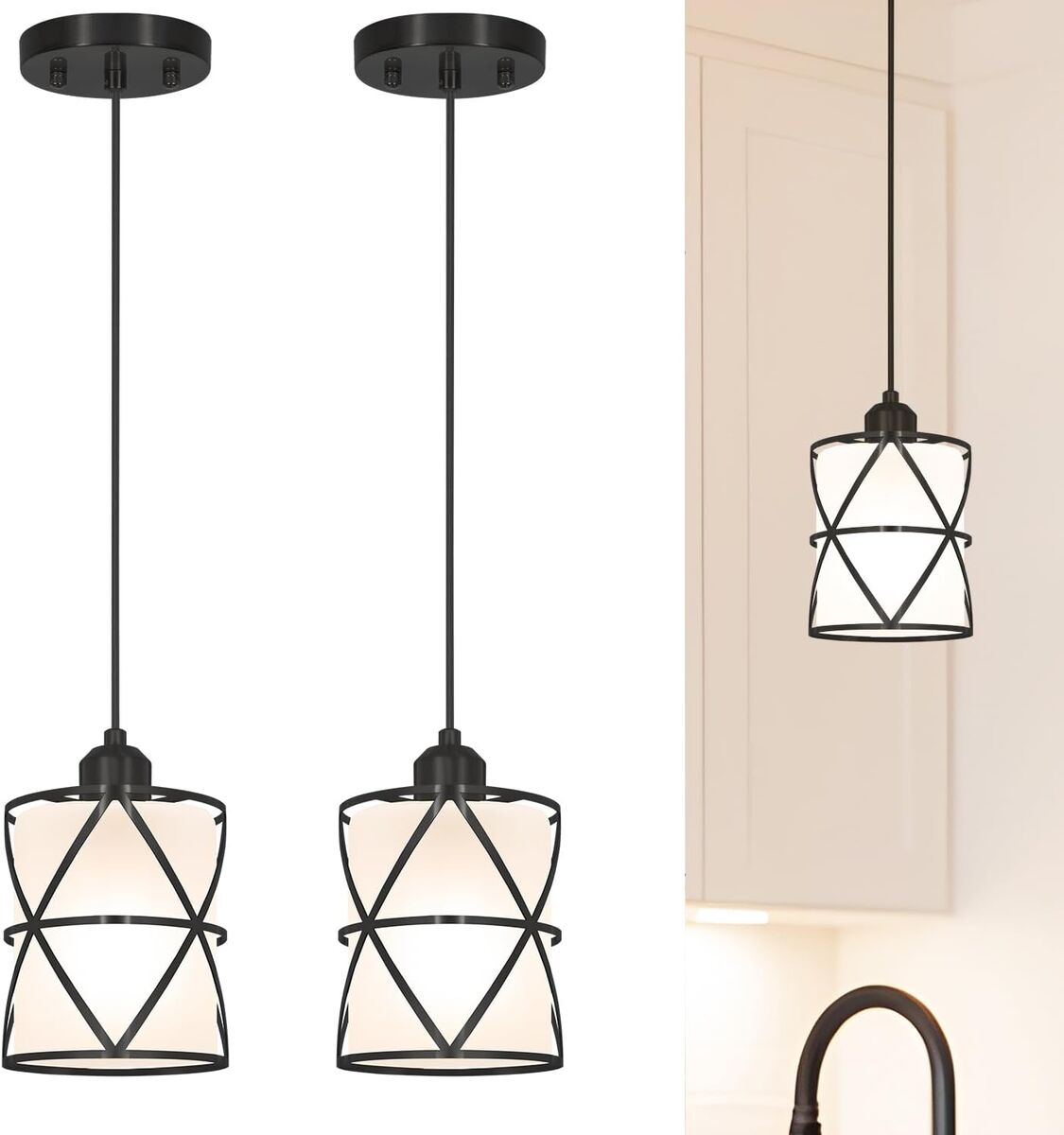 Modern Black Pendant Lights Kitchen Island 2 Pack, Farmhouse Frosted Glass Cylinder Pendant Light