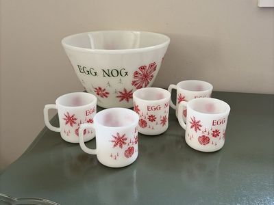 Christmas vintage Fire King egg nog bowl and cup set