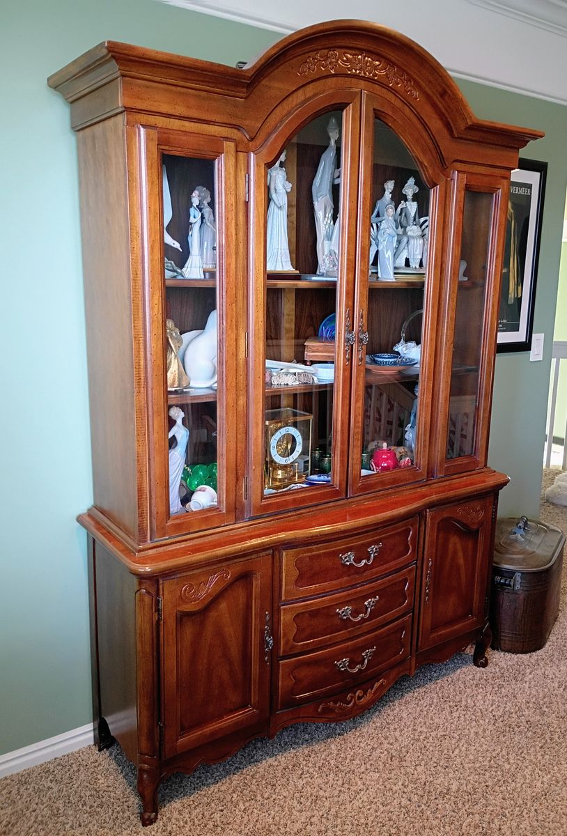 Vintage Cherry Wood China Cabinet and Buffet Hutch with Glass Display Doors