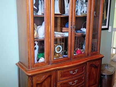 Vintage Cherry Wood China Cabinet and Buffet Hutch with Glass Display Doors