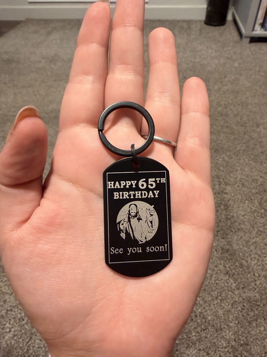Happy 65th Birthday Keychain with 'See You Soon' & 'God Willing' Engraving