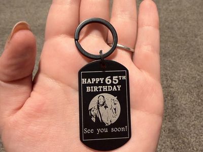 Happy 65th Birthday Keychain with 'See You Soon' & 'God Willing' Engraving