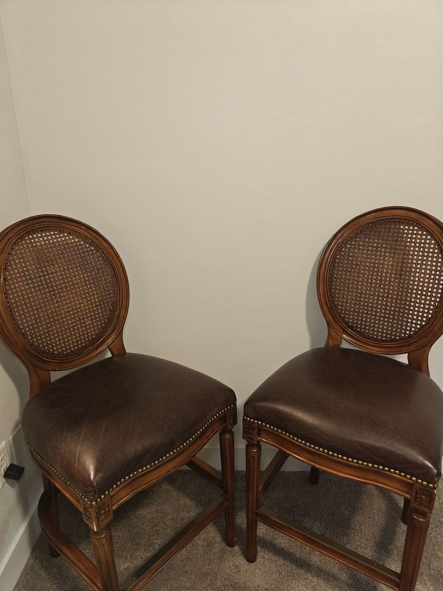 Pair of Authentic Frontgate Louis XVI Cane-Back Counter Stools – Brown Leather