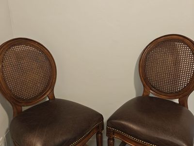 Pair of Authentic Frontgate Louis XVI Cane-Back Counter Stools – Brown Leather