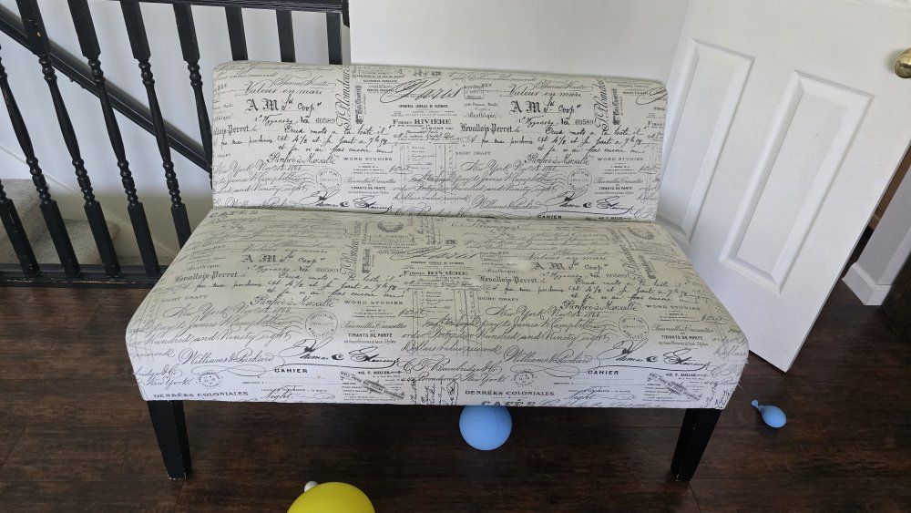 French Paris Script Print Upholstered Dining Bench with Backrest
