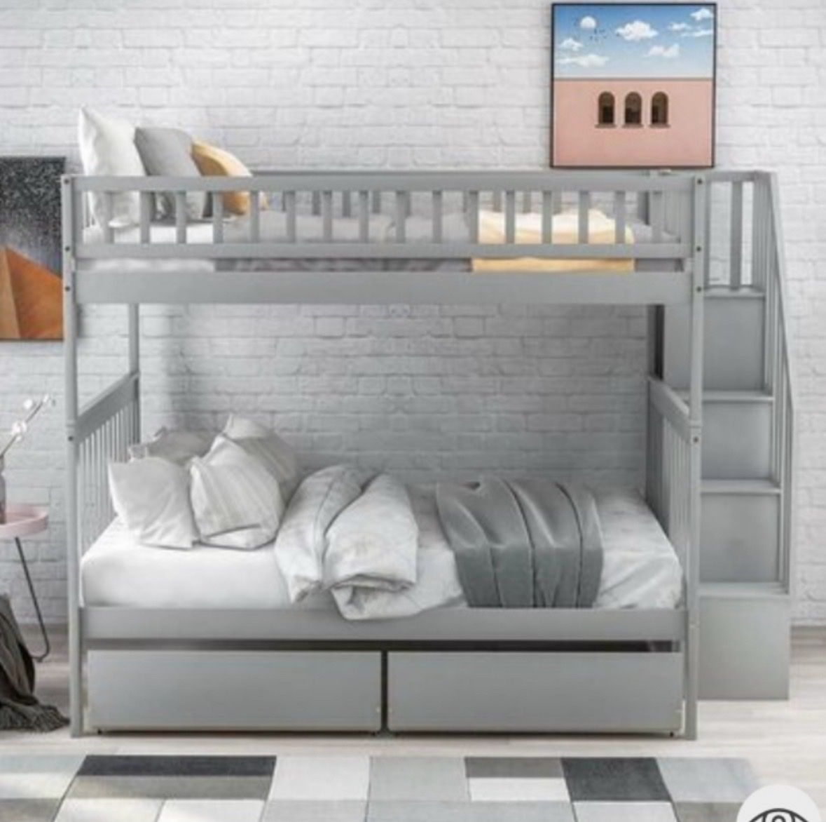 Full over full bunk bed with stairs, shelves, and two large drawers
