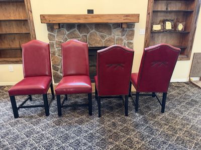 Set of 4 Red Leather Dining Chairs with Nailhead Trim & Black Wood Legs