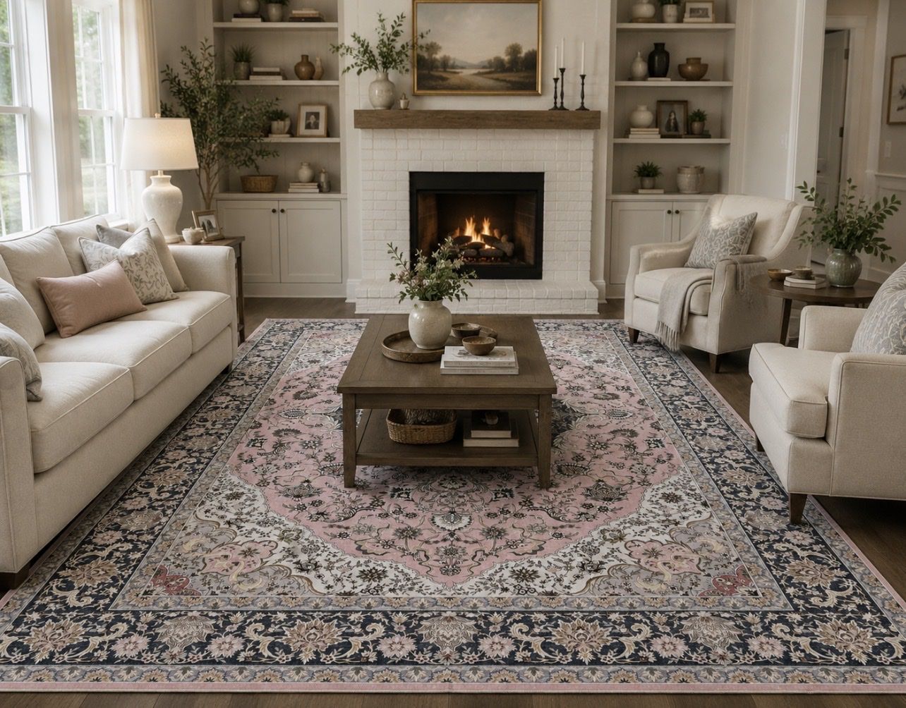 NEW Gorgeous 8x10 Traditional Medallion Area Rug – Navy, Blush Pink & Cream
