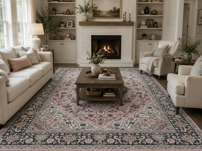 NEW Gorgeous 8x10 Traditional Medallion Area Rug – Navy, Blush Pink & Cream