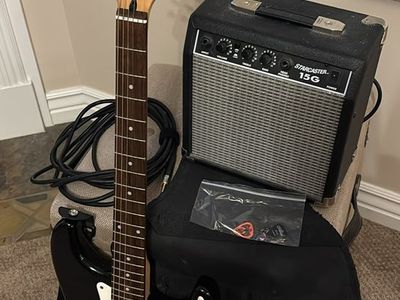 Fender Squier Strat 20th Anniversary Electric Guitar Bundle w/ Starcaster 15G Amp & Soft Case