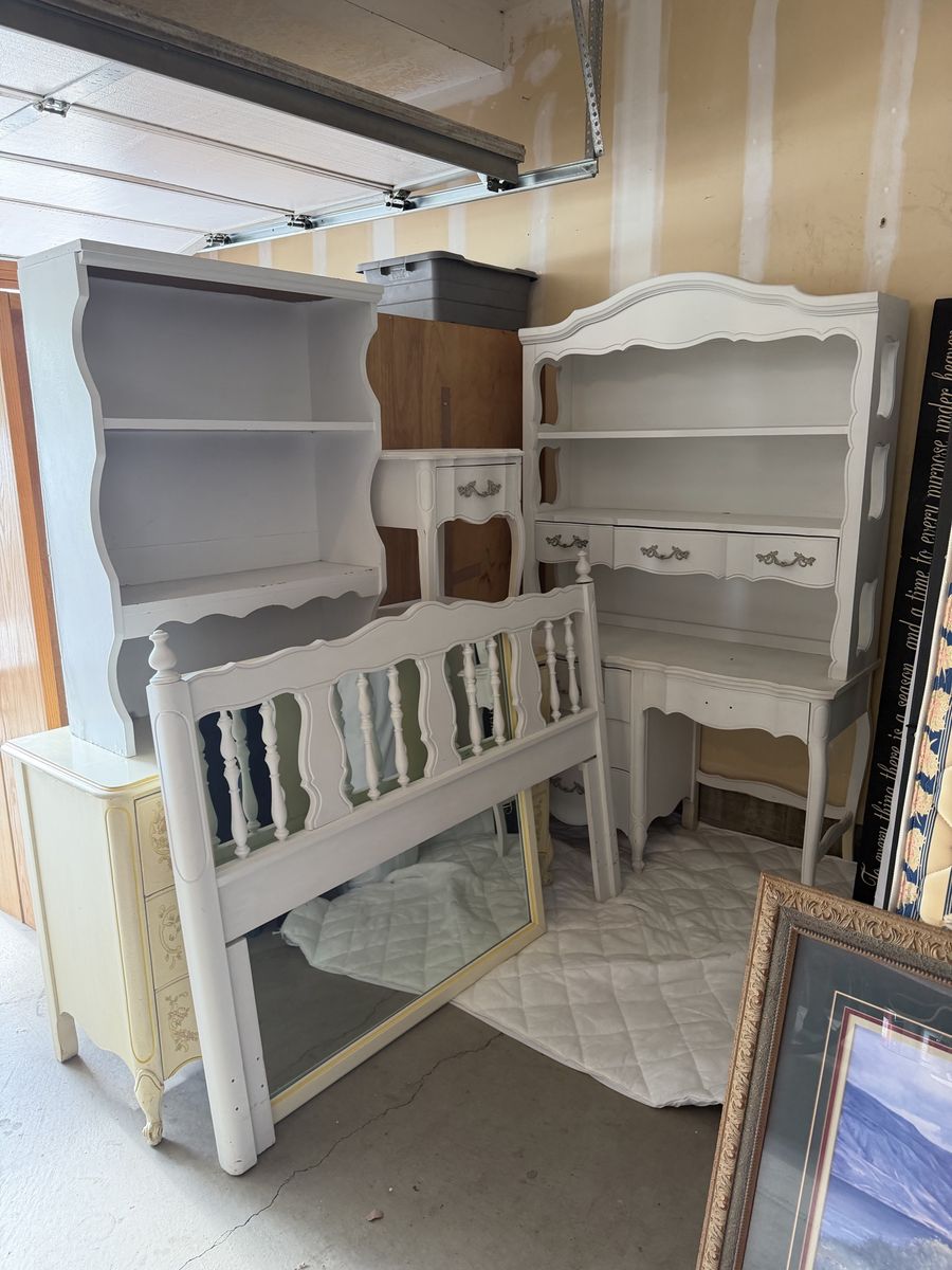 Vintage French Provincial Bedroom Furniture Set - White Desk, Bookshelves, Nightstand, Headboard