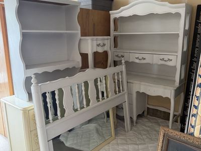 Vintage French Provincial Bedroom Furniture Set - White Desk, Bookshelves, Nightstand, Headboard