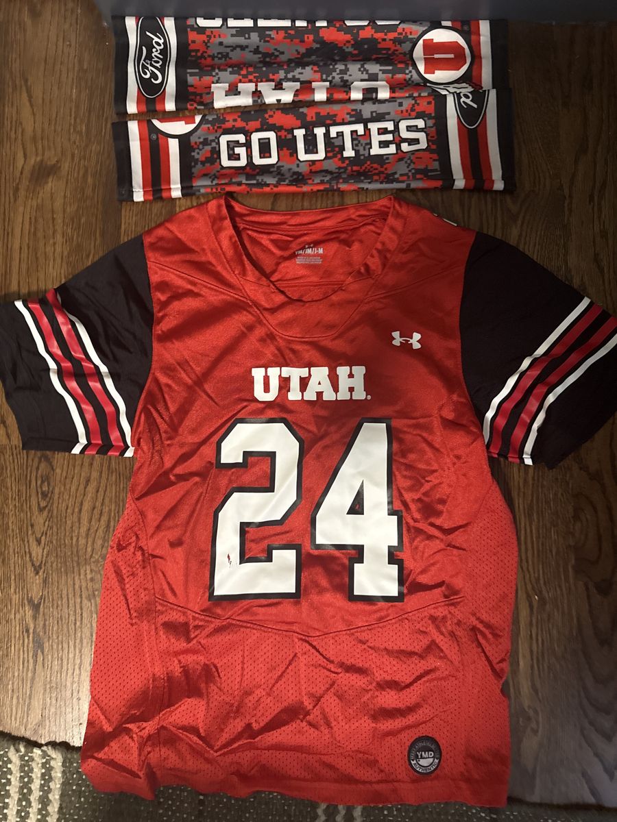 Under Armour Youth Medium Utah Utes Football Jersey Red #24 & Ford Go Utes Neck Gaiter