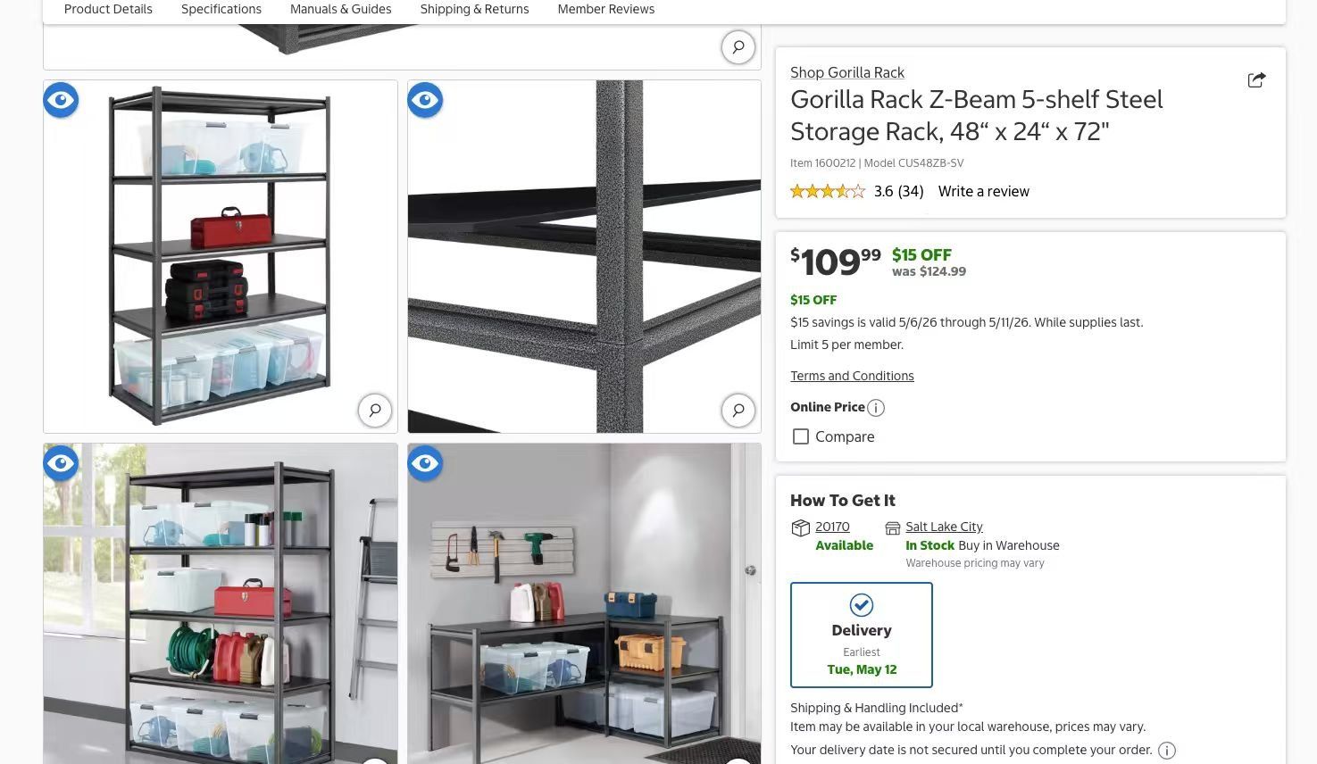 Gorilla Rack Z-Beam 5-Shelf Steel Storage Rack - 48" x 24" x 72" - Heavy Duty Organization