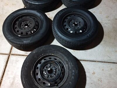 Set of 5 – 195/70R14 Tires on 14” 5-Lug Steel Whee