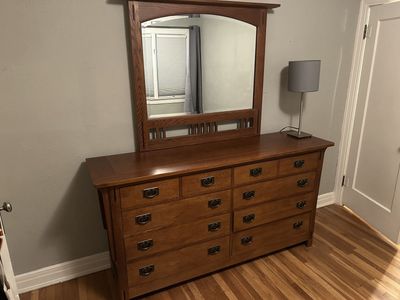 Mission style, solid wood dresser/mirror with matching night stands