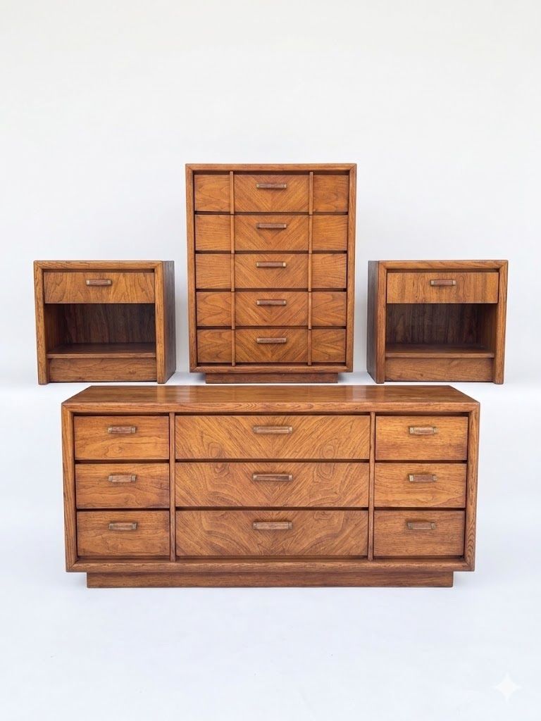 Vintage Mid Century Organic Geometric Parquet Oak Wood Lane Bedroom Set