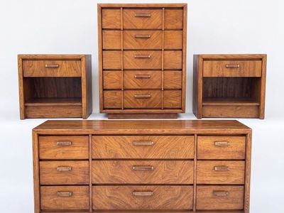 Vintage Mid Century Organic Geometric Parquet Oak Wood Lane Bedroom Set