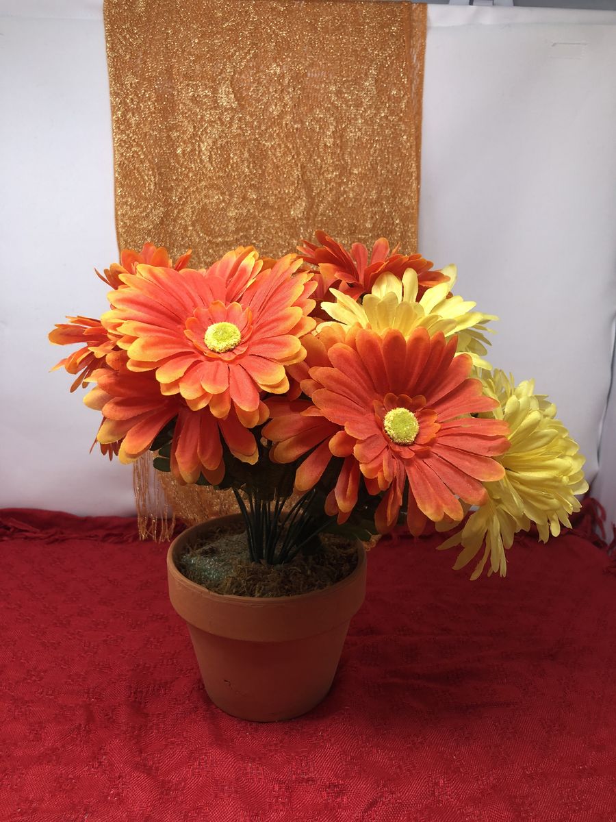 Artificial Mixed Orange & Yellow Gerbera Daisy Arrangement in Terracotta-Style Pot