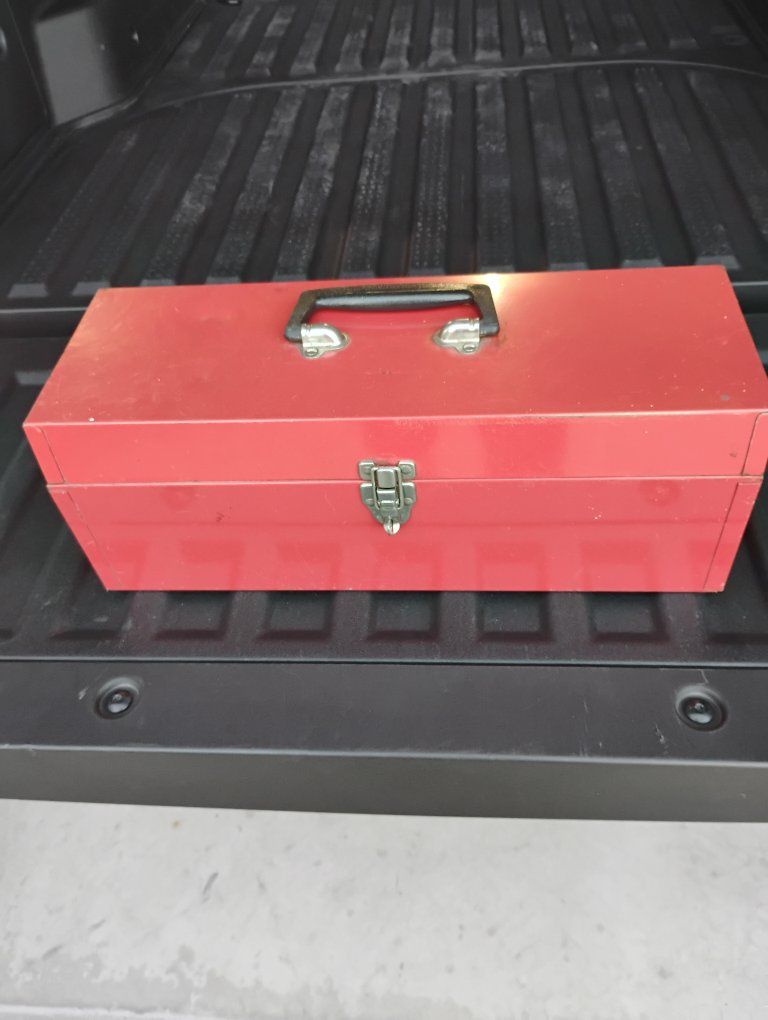 Red Metal Toolbox with Assorted Hand Tools, Screwdrivers, Wrenches, Pliers and light