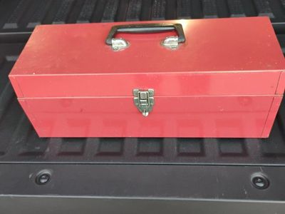 Red Metal Toolbox with Assorted Hand Tools, Screwdrivers, Wrenches, Pliers and light
