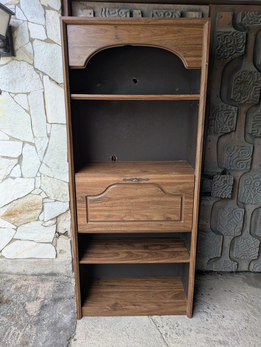 Wood Grain Bookcase with Drawer - Arched Top, Multi-Shelf Storage