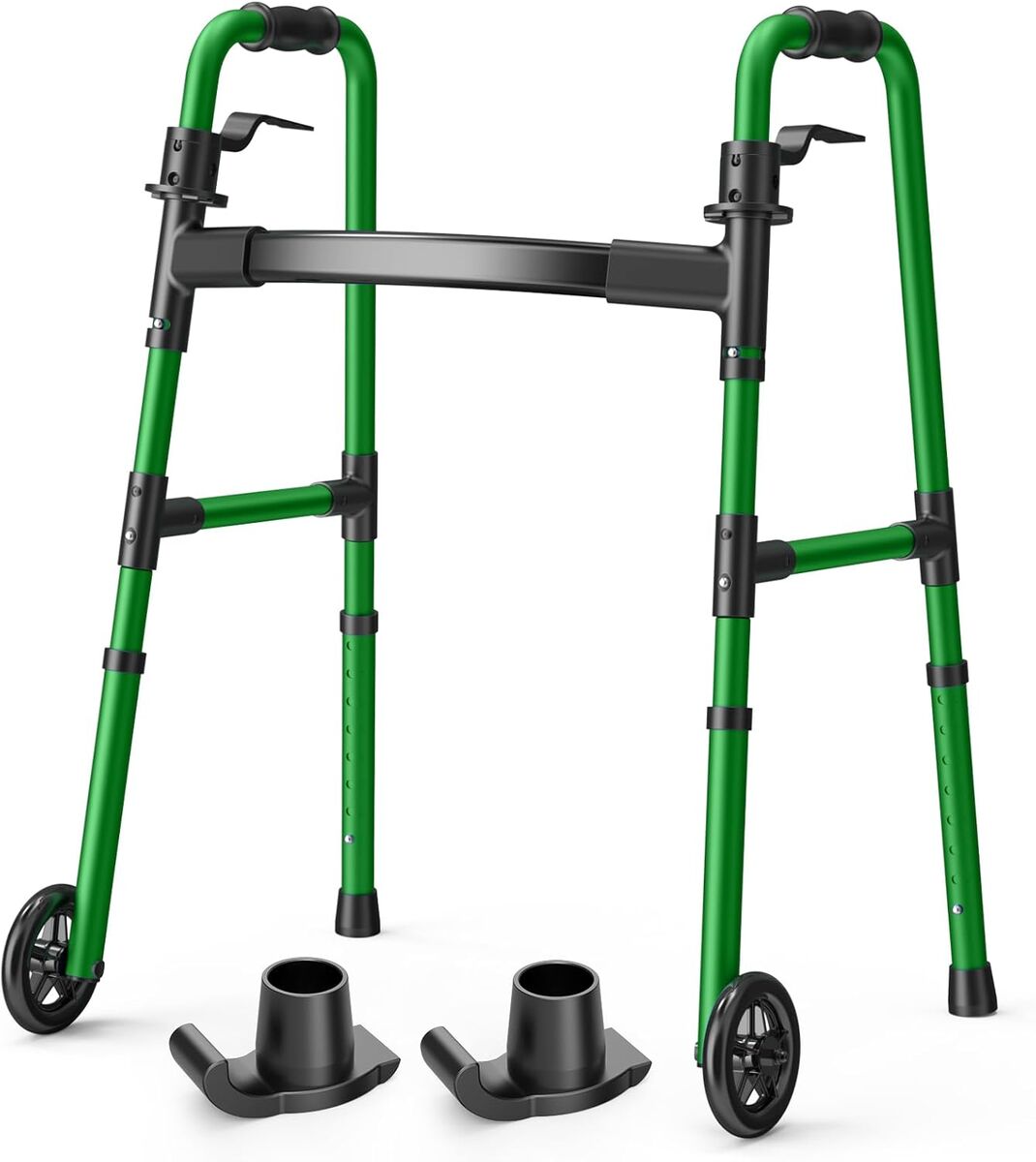 NEW Folding Walker with 2 Skis and 5" Wheels, Lightweight Walkers for Up to 350 Pounds, Adjustable Height, Green