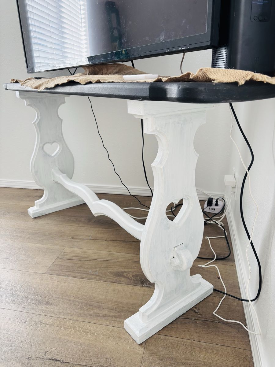 Rustic Farmhouse Style Console Table - Black Top, White Base with Heart Cutouts