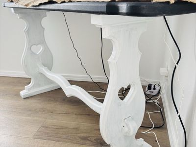Rustic Farmhouse Style Console Table - Black Top, White Base with Heart Cutouts