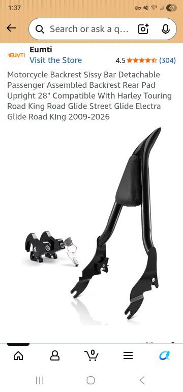 Eumti Motorcycle Detachable Sissy Bar Backrest with Pad & Clips for Harley Touring Models 2009-2026