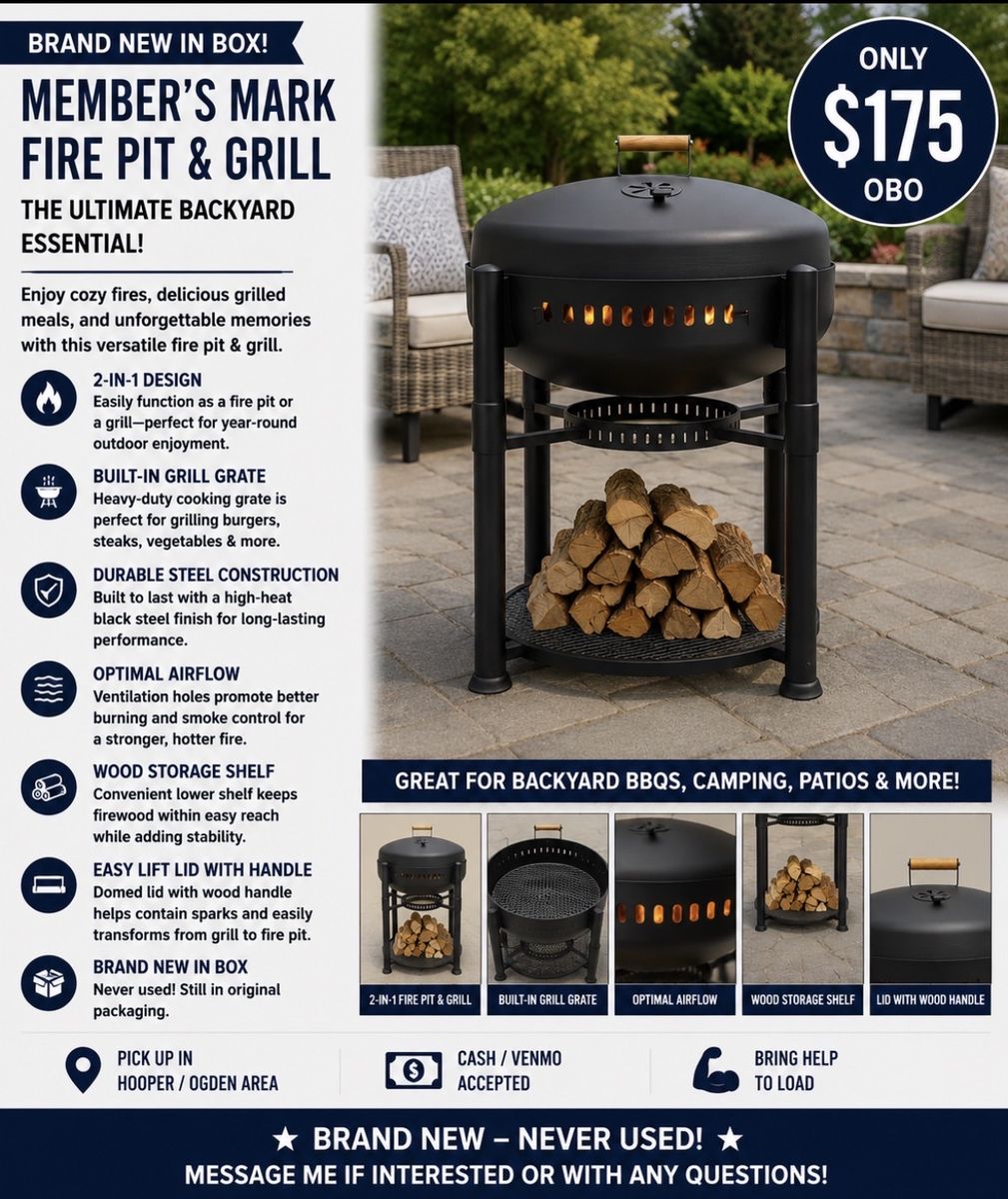 Member's Mark 2-in-1 Fire Pit & Grill - New in Box - Durable Steel, Wood Storage, Grill Grate