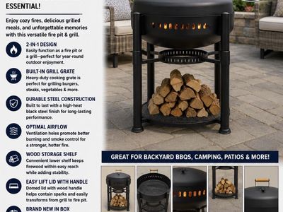 Member's Mark 2-in-1 Fire Pit & Grill - New in Box - Durable Steel, Wood Storage, Grill Grate