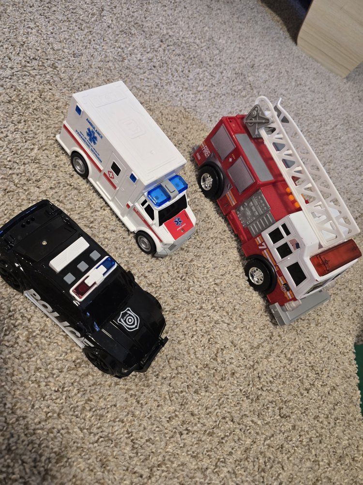 Set of 3 Emergency Toy Vehicles - Police Car, Ambulance, and Fire Truck