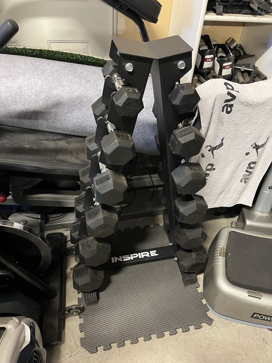 $600 INSPIRE RUBBER COATED DUMBBELL SET & RACK (MINT!) 