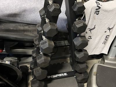 $600 INSPIRE RUBBER COATED DUMBBELL SET & RACK (MINT!)