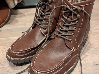 Men's Brown Faux Leather Ankle Boots with Plaid Lining - Size 10.5