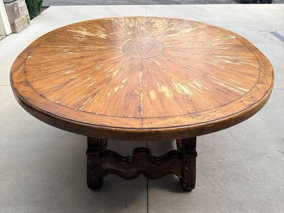 Large Oval Wooden Dining Table with Sunburst Top and Carved Base