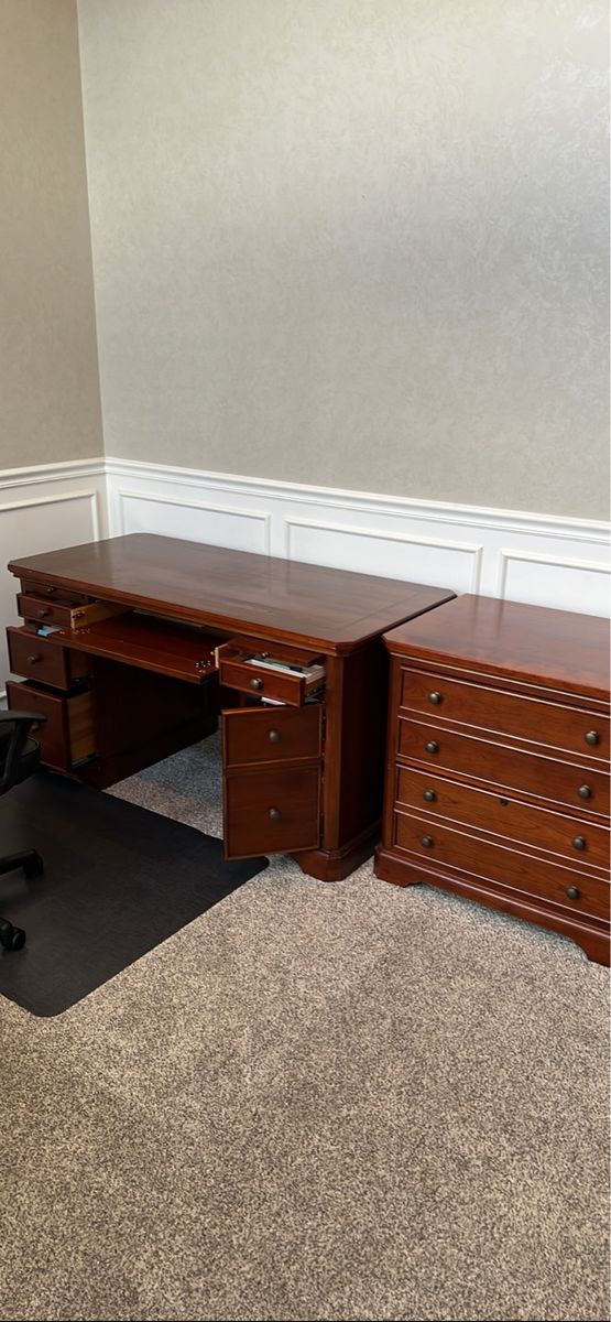 Wooden Executive Desk, Matching File Cabinet, and Bookshelf Set
