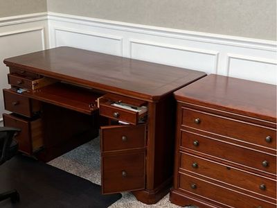 Wooden Executive Desk, Matching File Cabinet, and Bookshelf Set