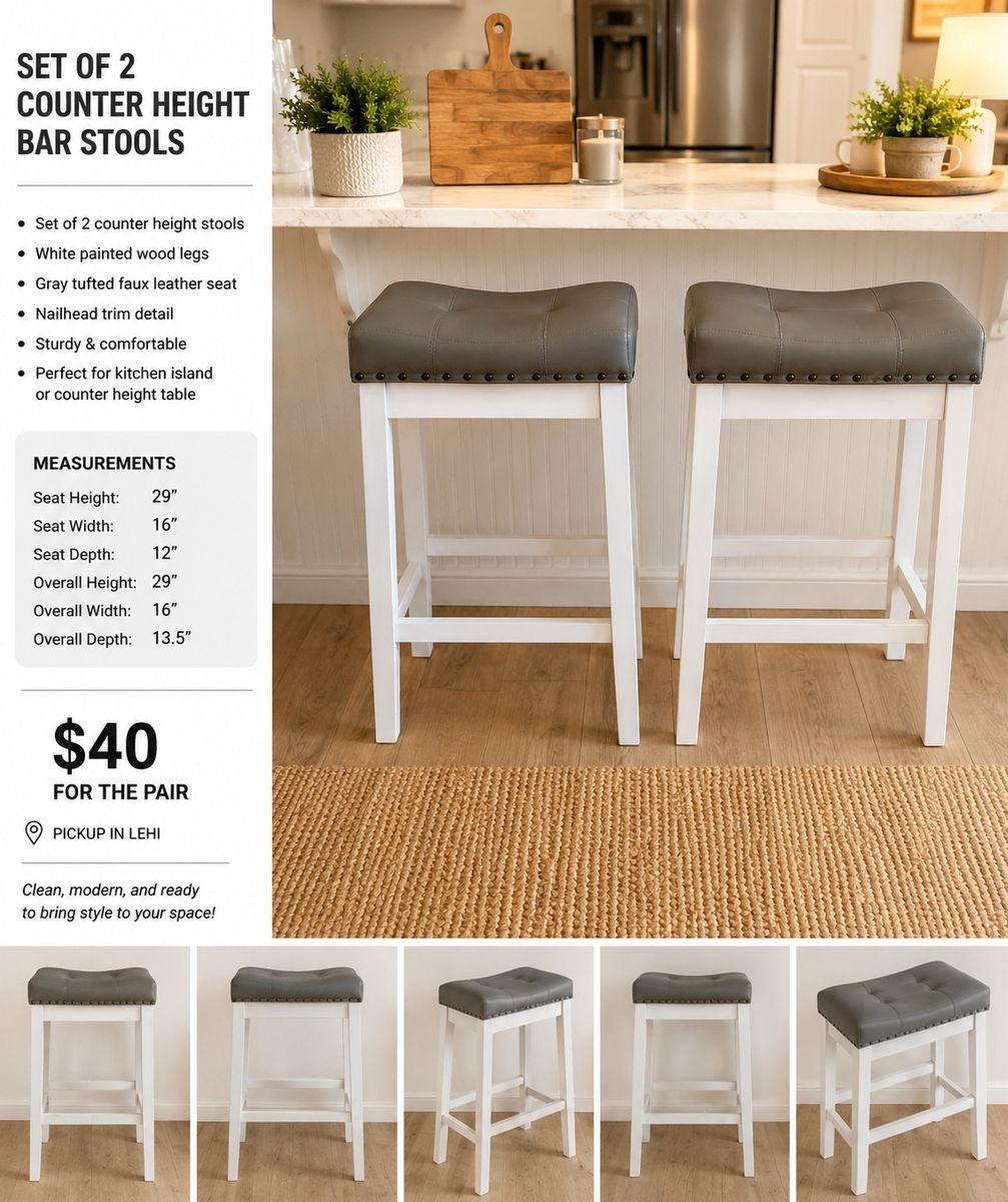 Set of 2 Counter Height Bar Stools – White & Gray