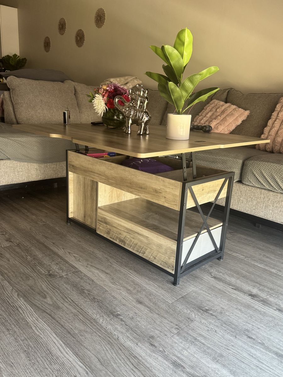 Lift Top Coffee Table with Hidden Storage and Lower Drawers Light Oak